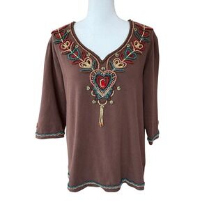 Quaker‎ Factory Brown Beaded Heart V Neck 3/4 Sleeve Tunic Top Women L